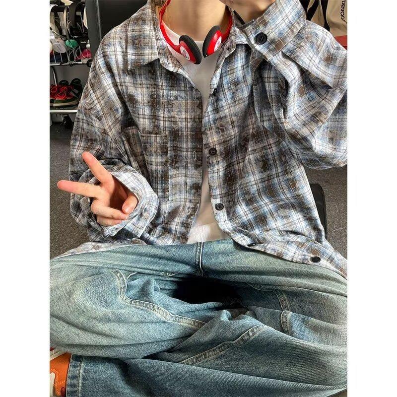 Spring and autumn high-end retro tie-dye plaid shirt men's long-sleeved versatile simple jacket