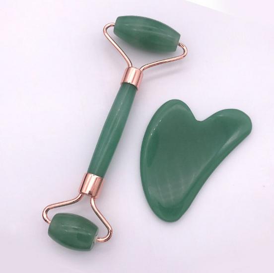 Rose Quartz Facial Roller & Heart-Shaped Gua Sha Set - Double-Headed Eye Massager and Lifting Tool.