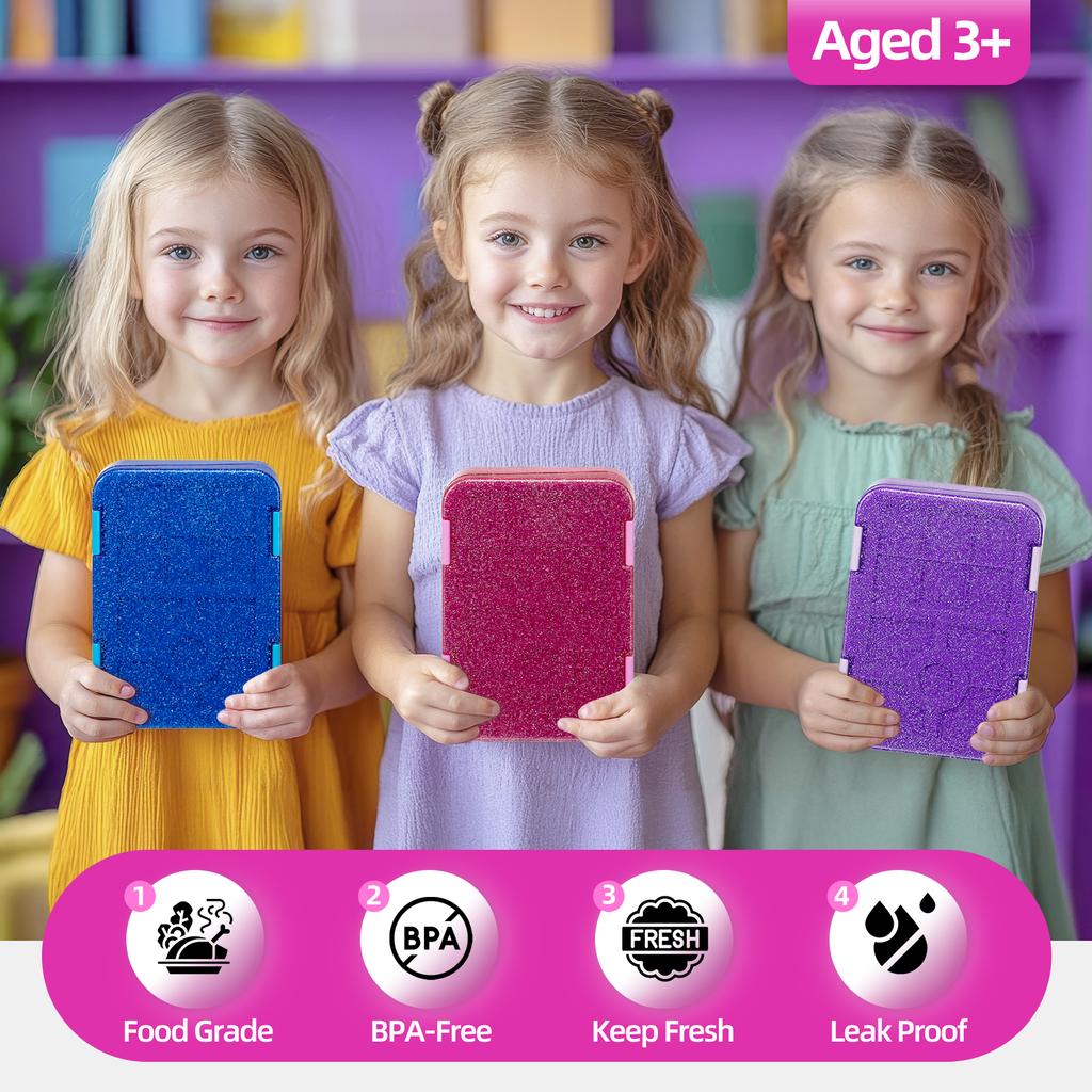 Glitzernder Stil Kinder Bento Lunchbox mit 5 Fächern Saucenbehälter Tragbar Unterteilt Mikrowellenofen Auslaufsicher Schule Büro