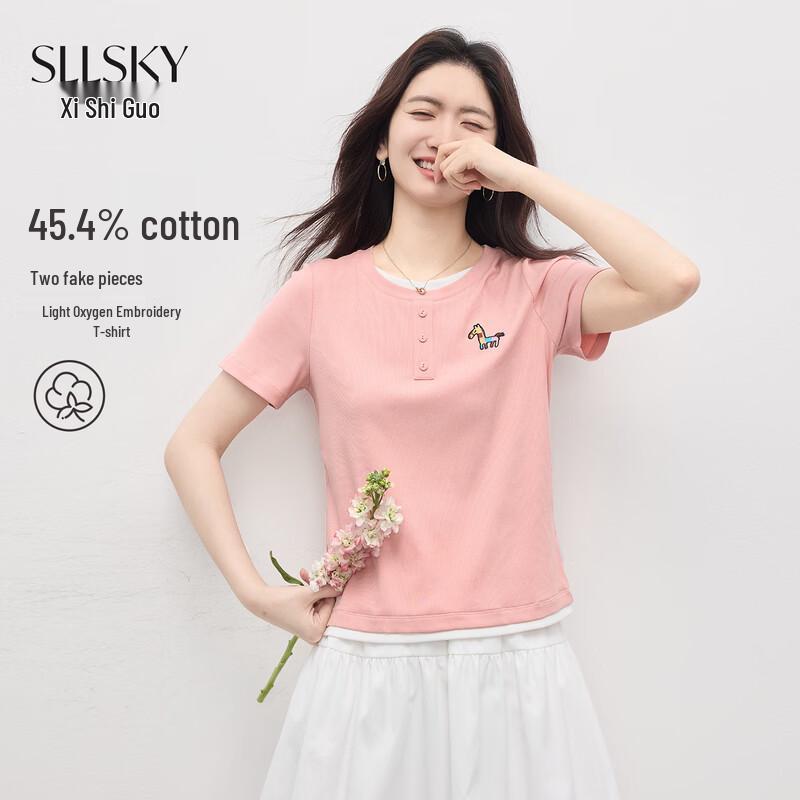 Sllsky Women s Pink T-Shirt with Contrast Stitching & Horse Embroidery S