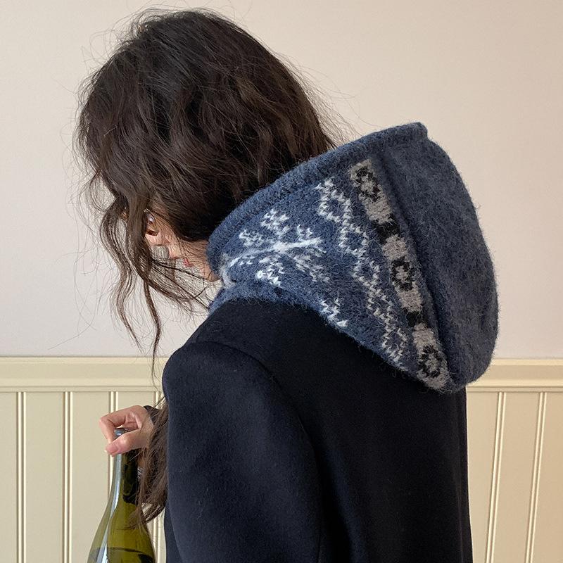 Snowflake Balaclava Hat for Women Autumn and Winter New Knitted Hat Warm Neck Scarf Integrated Ear Protection Woolen Hat