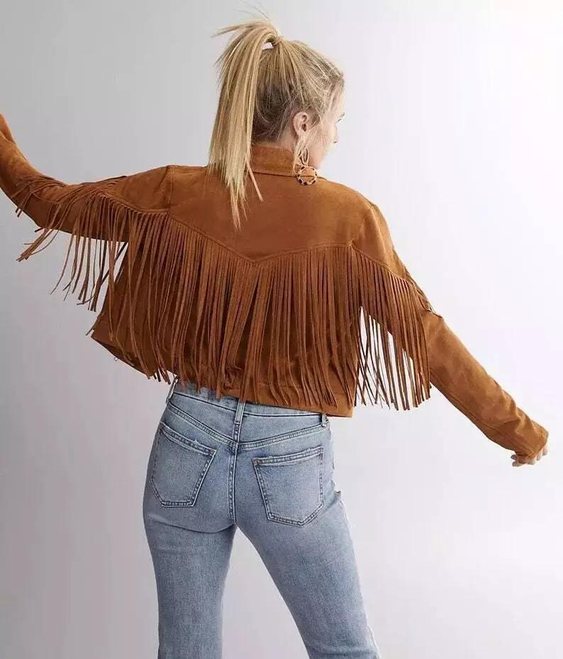 Echte handgemachte Wildleder Frauen braun Motorrad Lammfell Jacke Fransen Leder