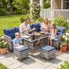 7-Seater Patio Wicker Sofa Set Rattan Chair Furniture W/ Glass & Cushioned, Dark Blue