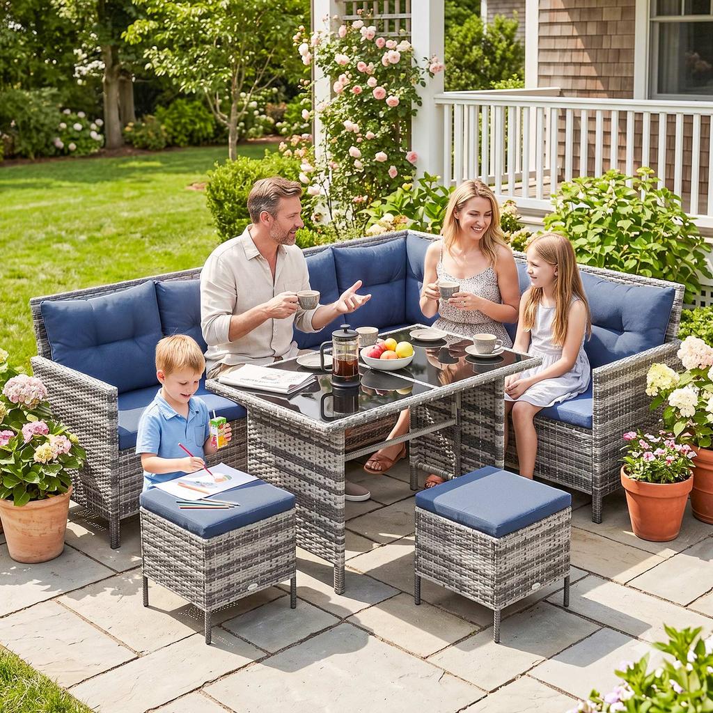 7-Seater Patio Wicker Sofa Set Rattan Chair Furniture W/ Glass & Cushioned, Dark Blue