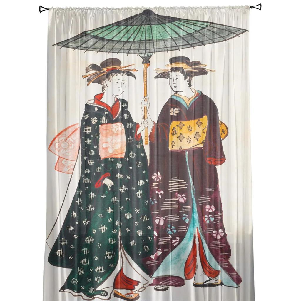 Kimono Japanese Female Geisha Curtain For Living Room Transparent Tulle Curtains Window Sheer For The Bedroom Accessories Decor
