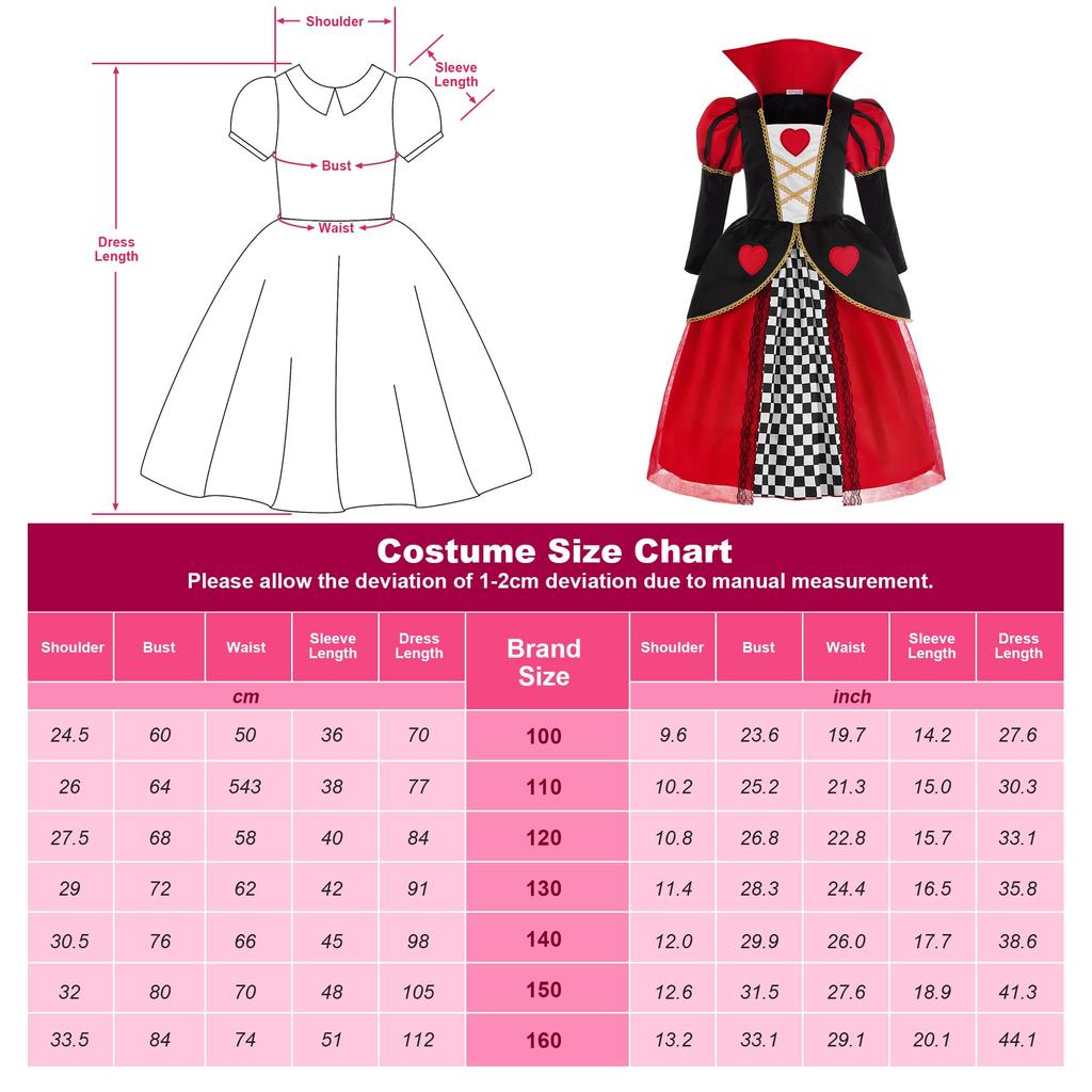 Queen Cosplay Halloween Costume Children Girls Princess Dress Playing Cards Witch Queen with Accessories Heart Tiara Red X Black 150 [ReliBeauty]