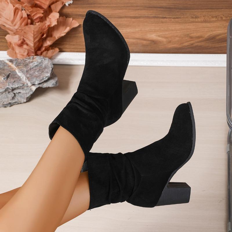 Fashion Women's Mid-leg Boots Fall/Winter 2025 New Pointed Toe Stack Pleated High-heeled Fashion Boots
