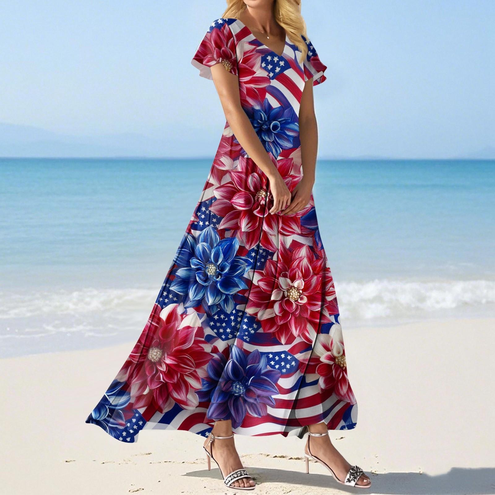 

Жіноча вільна повсякденна сукня з V-подібним вирізом, короткими рукавами та високою талією, принтована L синій