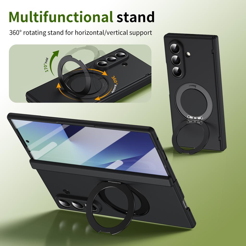 Full Back PC Cover Magnetic Phone Case with 360° Alloy Kickstand Holder Compatible with Galaxy Z Fold 7/6/5/4 with Glass Film