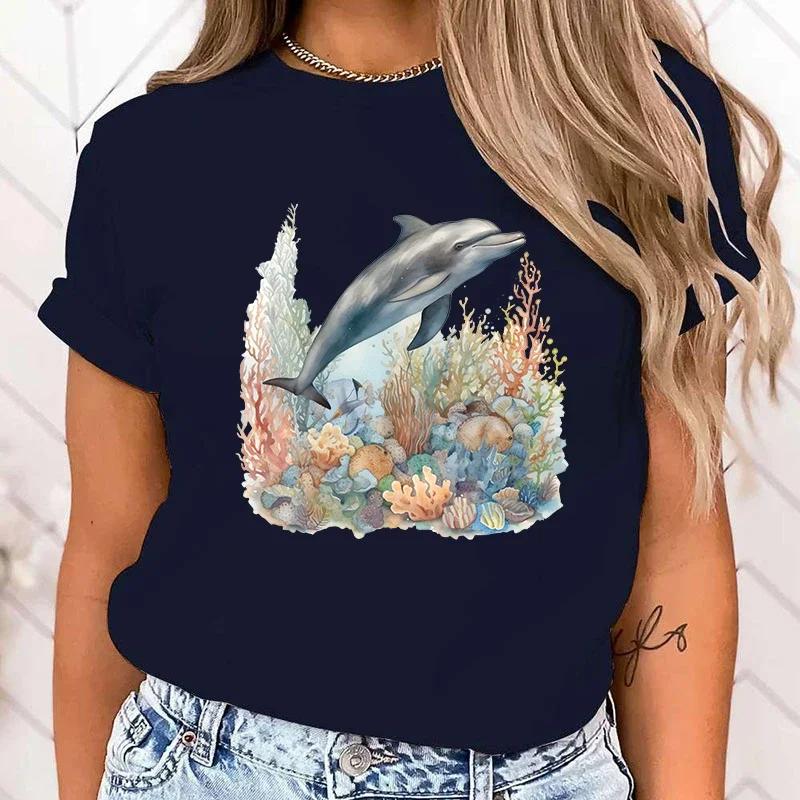Premium T-shirt Funny Dolphin Print T-Shirts For Women Summer Round Neck Tee Shirt Femme Fashion Casual T-Shirts Fast Delivery