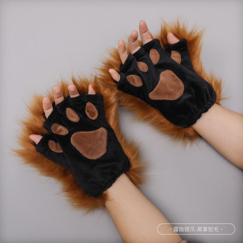 Harajuku Women Girls Plush Animal Claw Gloves Half Finger Wolf Cat'S Paw Gloves Halloween Lolita Cosplay Anime Set Accessories