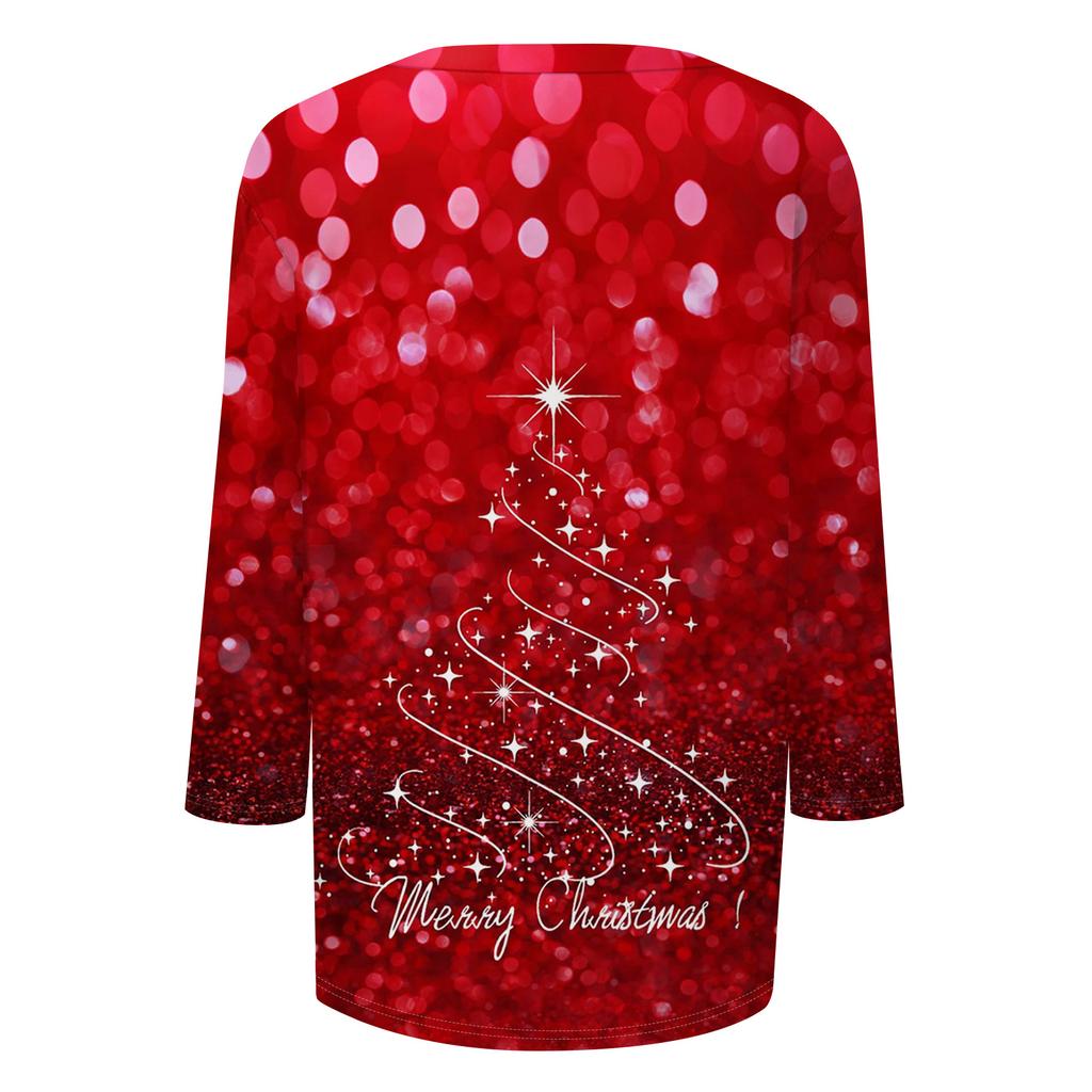 Women's Fashion Casual V Neck 3/4 Sleeve Loose  Printed T-Shirt Ladies Top