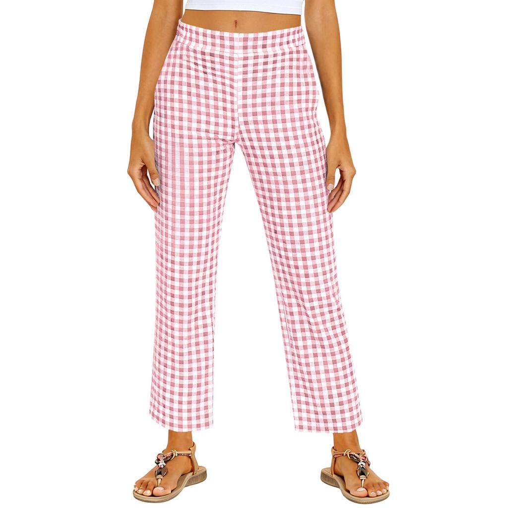 Women's Fashionable Checkered Elastic Waist Straight Leg Casual Pants