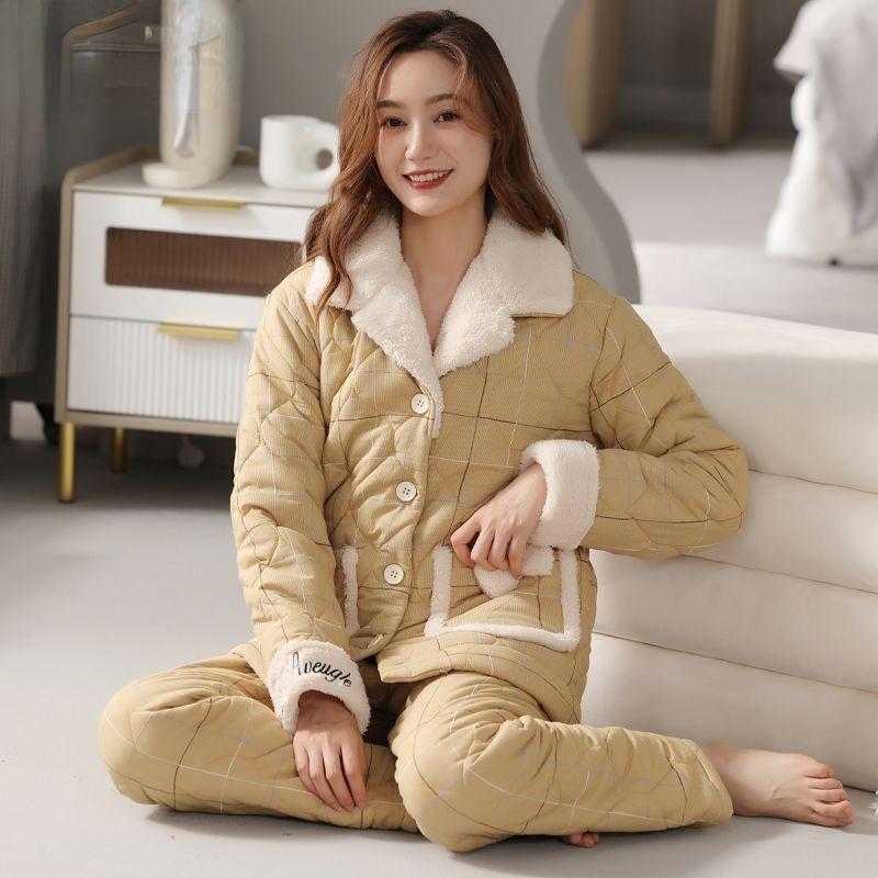 Bunda Pyžamo Dámské Zimní Třívrstvé Teplé Plyšové Zahuštěné Domácí Oblečení Neformální Středního Věku Mladé Pyžamo Set