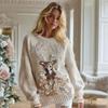 Maglione da donna a girocollo largo con stampa natalizia, maglione casual alla moda