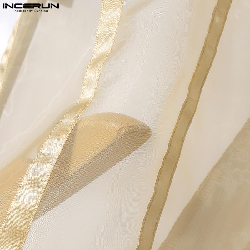 INCERUN Men Summer Deep V Striped Stitching See Through Mesh Sheer One Button Shirts