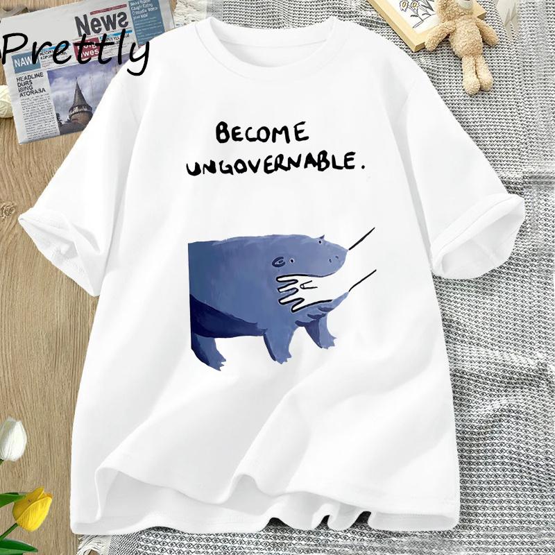 Werde Unregierbarer Nilpferd T-Shirt Moo Deng Design Lustiges Tier Grafik-T-Shirt Rebellischer Meme Humor T-Shirt Baumwolle Kurzarm Oberteil