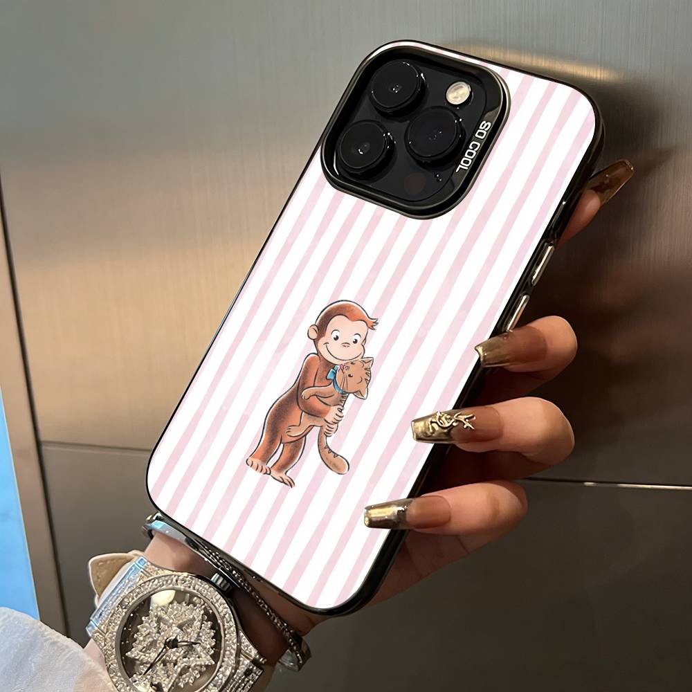 

C-Curious- G-George the Monkey For iPhone 17 16 15 14 13 12 11 Pro Max XS 17 Air Silicone Colored Silver Bumper Cover iPhone14Pro