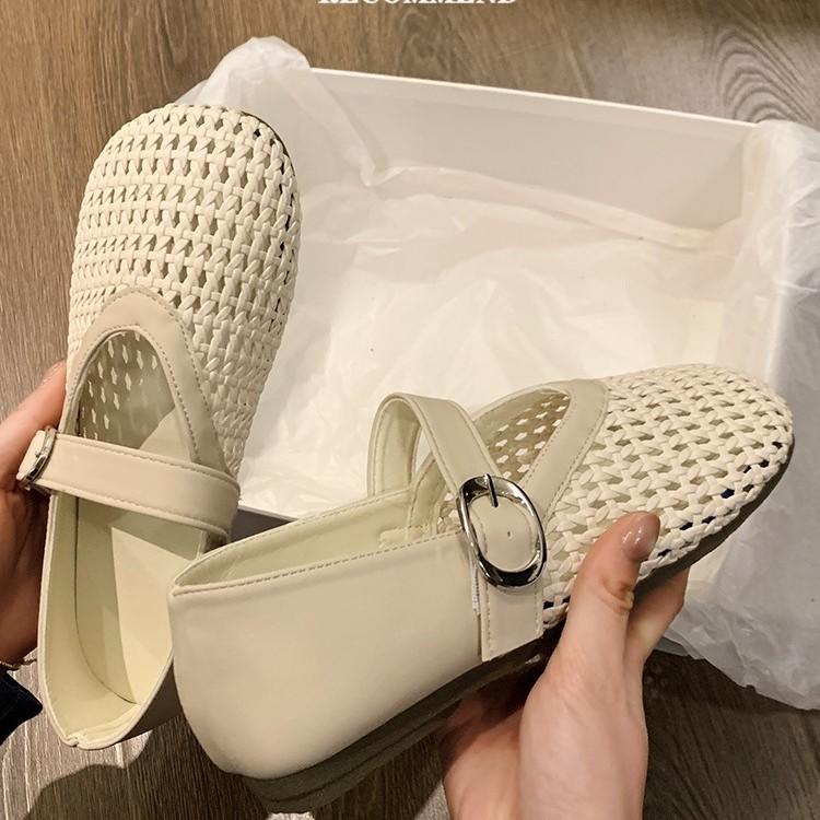 New Mary Jane Women's Shoes with A Single Line Mesh and Hollowed Out Woven Style Sandals