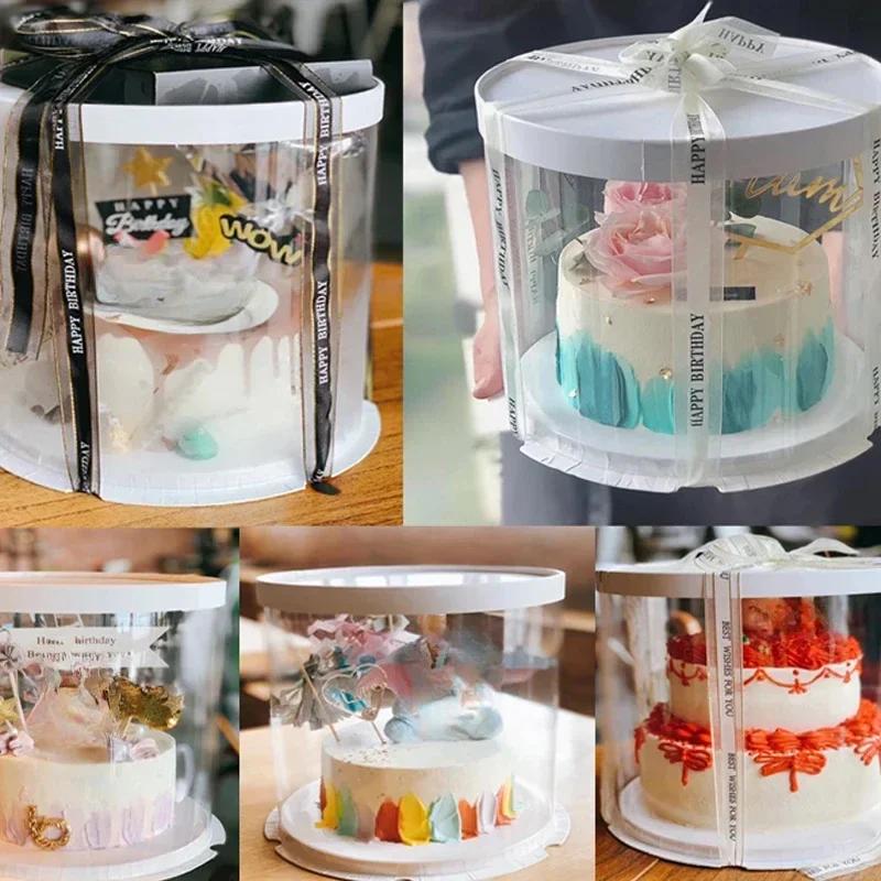 5pcs PET Clear Cake Boxes Round Transparent Cake Gift Packaging Box 4/6inch Single Layer Birthday Party Present Decor Gift Bags