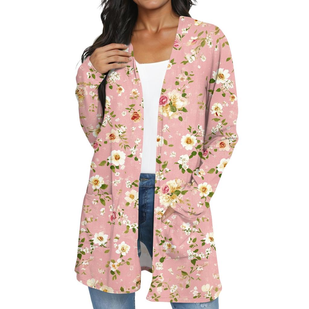 Women's Fashion Casual Retro Floral Print Mid-Length Cardigan Jacket