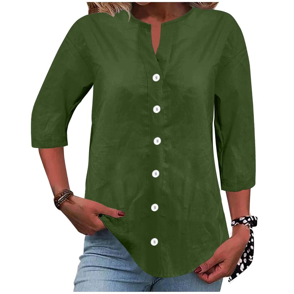 Women's Fashion Casual V-Neck Buttoned Seven Sleeve Cotton Linen Top