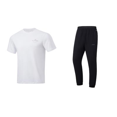 Li Ning Effen Kleur Comfortabel Zacht Top met Ronde Hals en Korte Mouwen en Sneldrogende Lange Broek met Middelhoge Taille Casual Sportpak Unisex pak ATSU817-2+AYKU835-1
