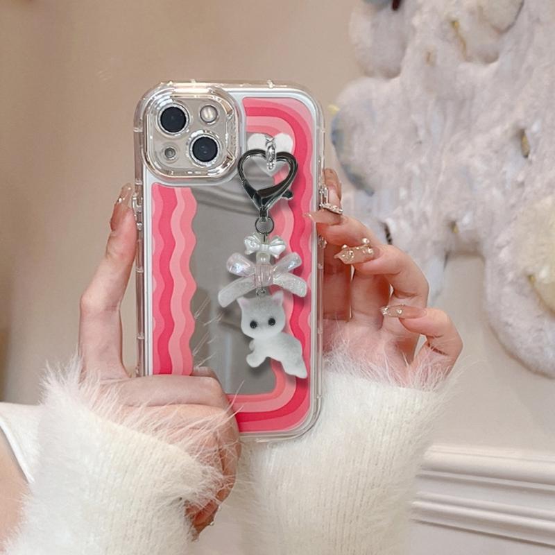 Flocking Animal Cartoon Keychain 3D Cat Shape Key Chain Fashionable Bowknot Pendant Phone Decorations for Women and Girl