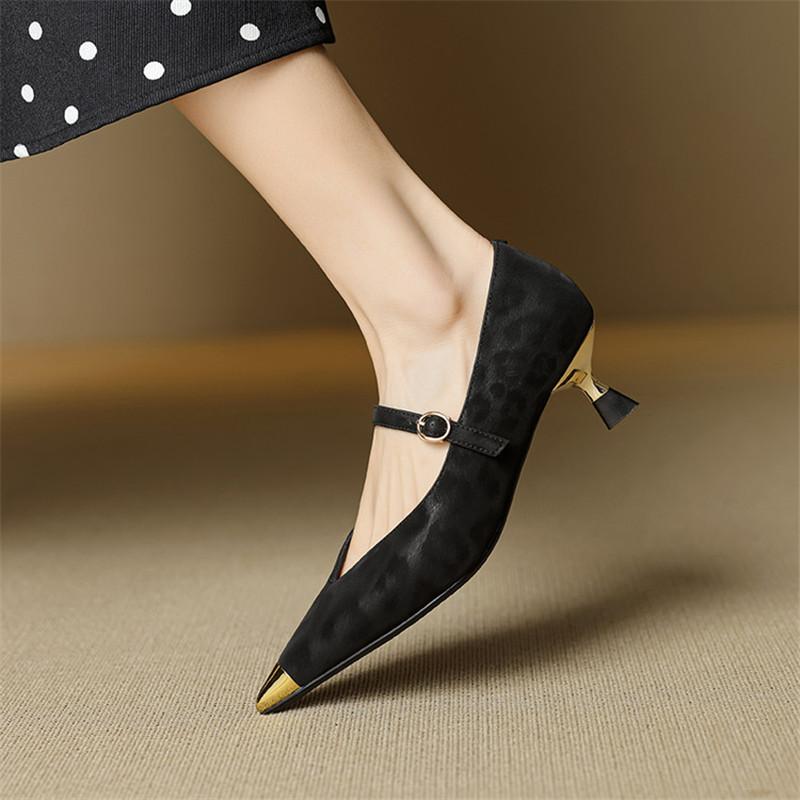 Fashion New Summer Split Leather Women Pumps Shoes for Women Fashion Leopard Print Metal Pointed Toe Mary Jane Shoes Women Ladies Shoes