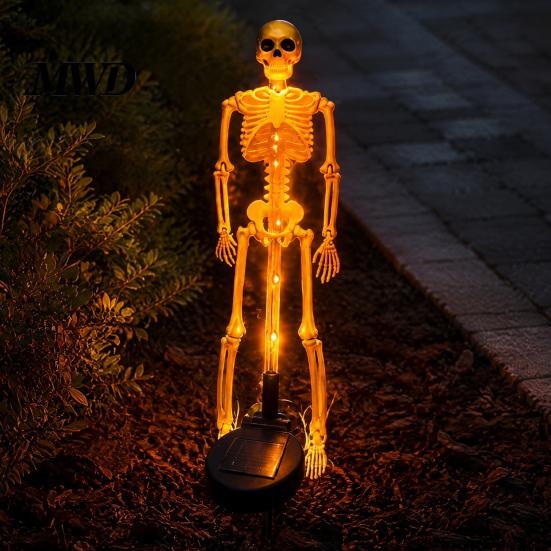 Wasserdichte Rasenpfähle Solar Skelett Gartenpfahl Licht, Halloween 3D Leuchtender Schädel Vorgarten Spukige Displays Dekoration mit LED, Außenlampe