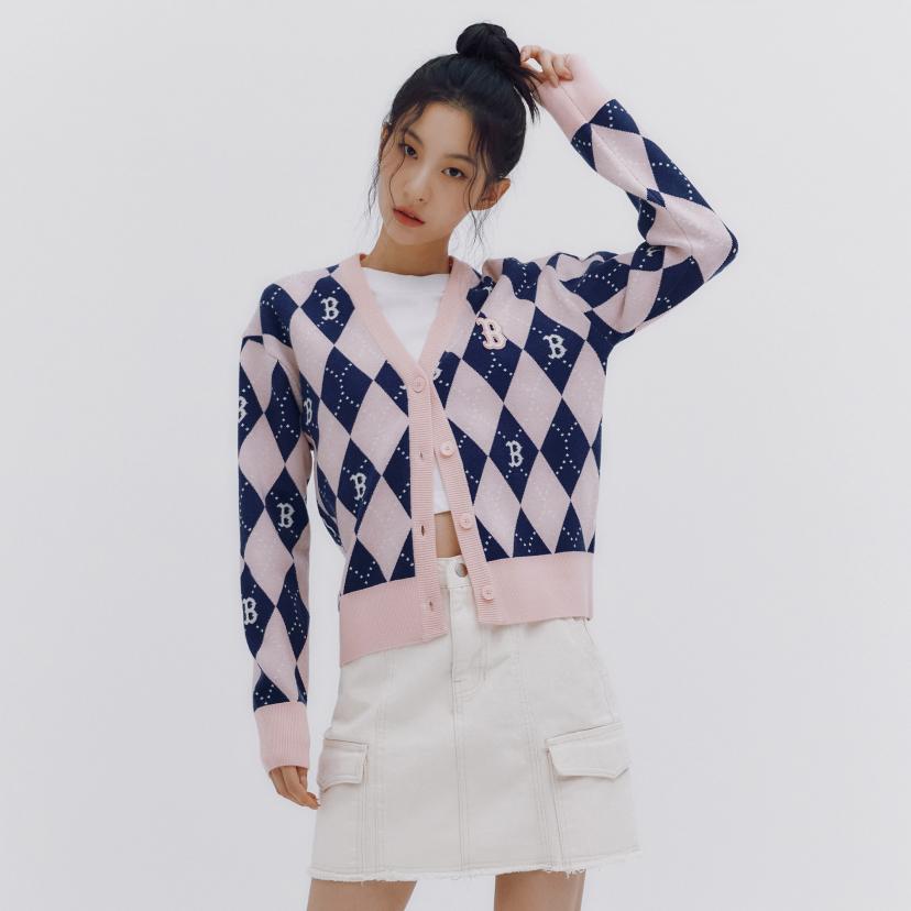 MLB Boston Red Sox Letter Print Single-Breasted Knit Sweater Women sweater Light-Pink 3FKCM0134-43PKL