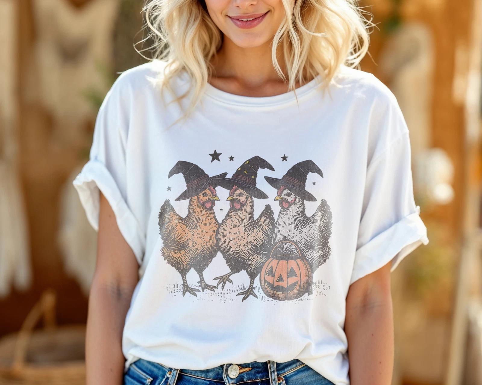 Funny Chicken Halloween Shirt – Witches Chickens with Pumpkin Graphic Tee A421 XL