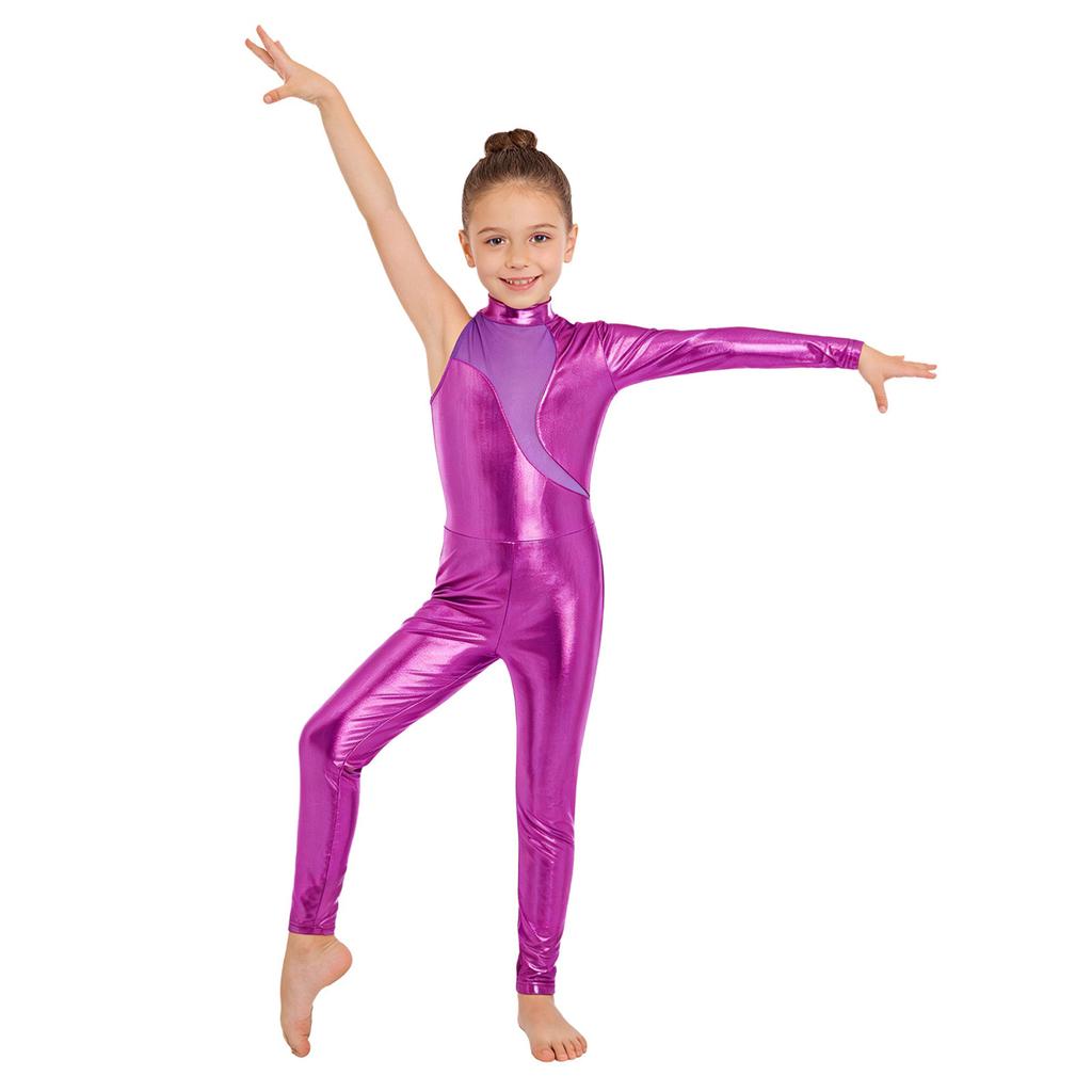 Girls Stage Performance Jumpsuit: Asymmetrical Metallic Mock Neck Mesh Patchwork Back Invisible Zipper Bodysuit Dancewear