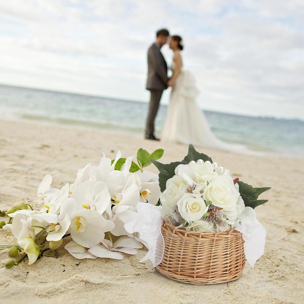 wicker rattan flower child Basket with Pearl handle and bow Hand woven Easter basket Wicker basket for Weddings