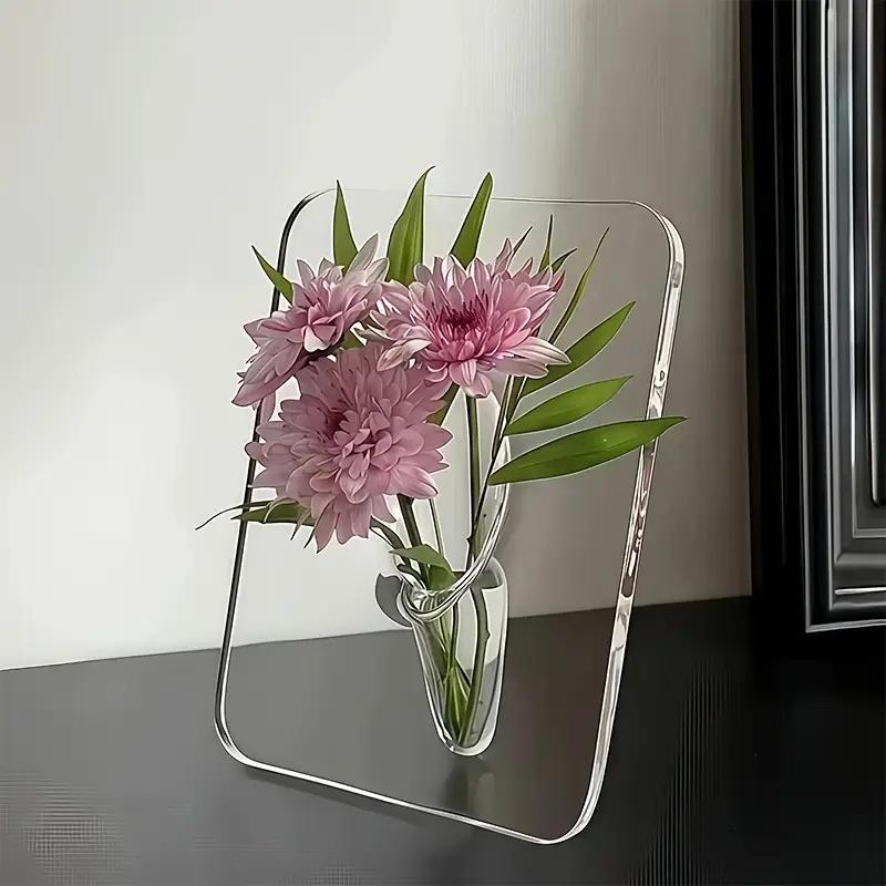 Modern Acrylic Vase with Geometric Frame. Clear Rectangular Decor for Home/Office. Elegant Gift for Any Occasion.