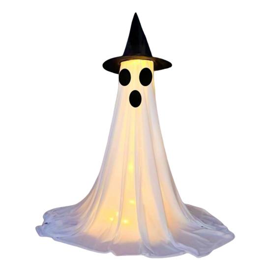 Halloween Ghost Decoration with LED Light Large White Scary Light Up Ghost with Witch Hat for Outdoor Front Porch Yard Garden Lawn Home Decor