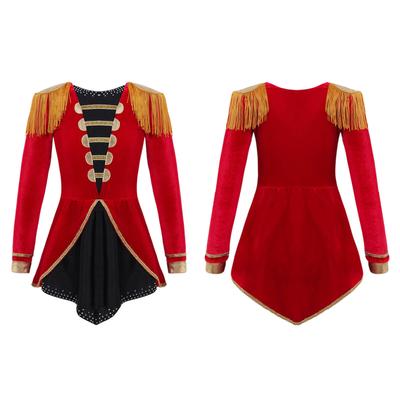 Disfraz de circo rojo para niñas, mono de manga larga con dobladillo adornado con borlas