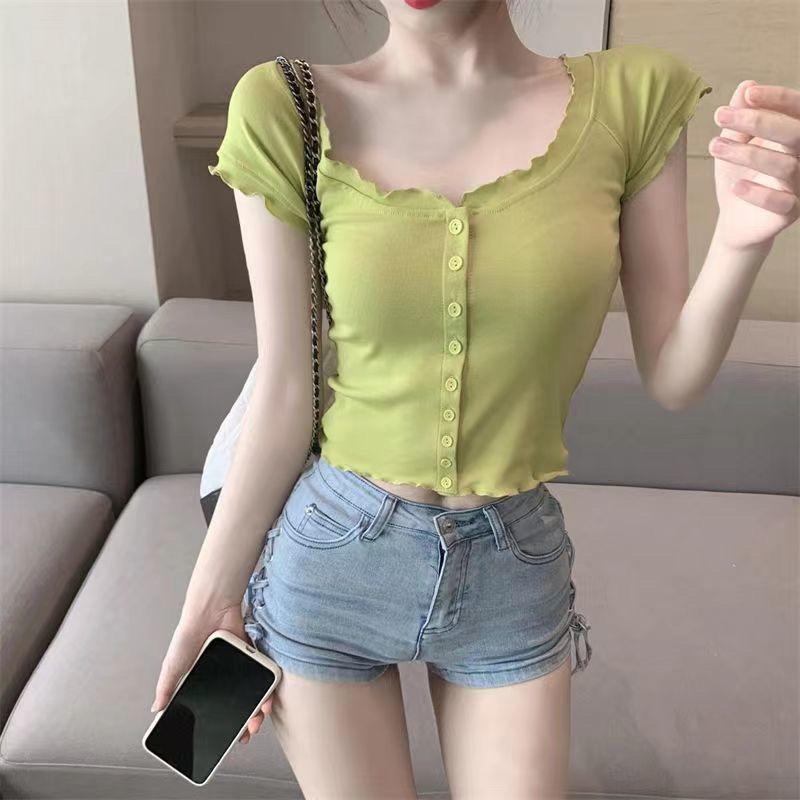 

WTEMPO Brand Wave Edge Cardigan Футболка с короткими рукавами Женская летняя Открытая ключица Дизайн Sense of Short Slim Топы S зелёный