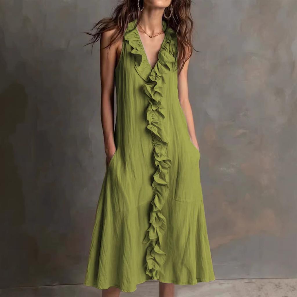 Women's Spring Summer Cotton Linen Midi Dress Sleeveless V Neck Ruffle Trim Loose A-Line Big Swing Casual Dress with Pockets for Vacation Daily Wear
