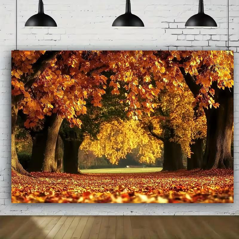 2D Autumn Maple Tree Tapestry, Fall Forest Avenue with Orange Leaves for Room Decor