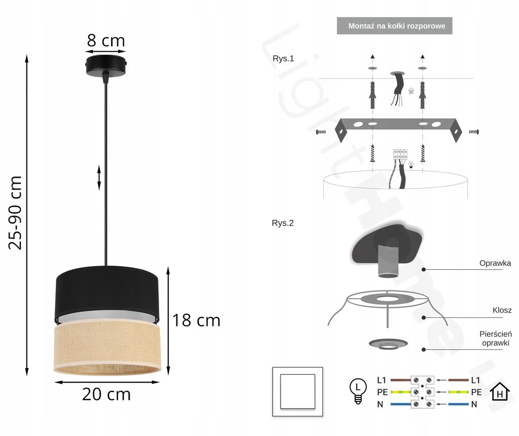 Hanging Lamp, Ceiling Chandelier, Lampshade 20Cm, Black