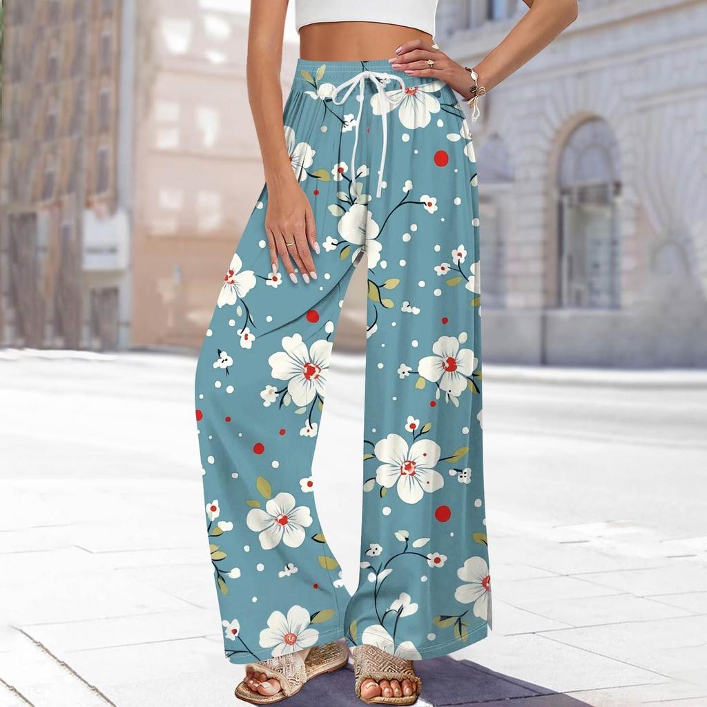 Women's Printed Wide Leg Pants With Pockets High Waist Drawstring Loose Casual Pants