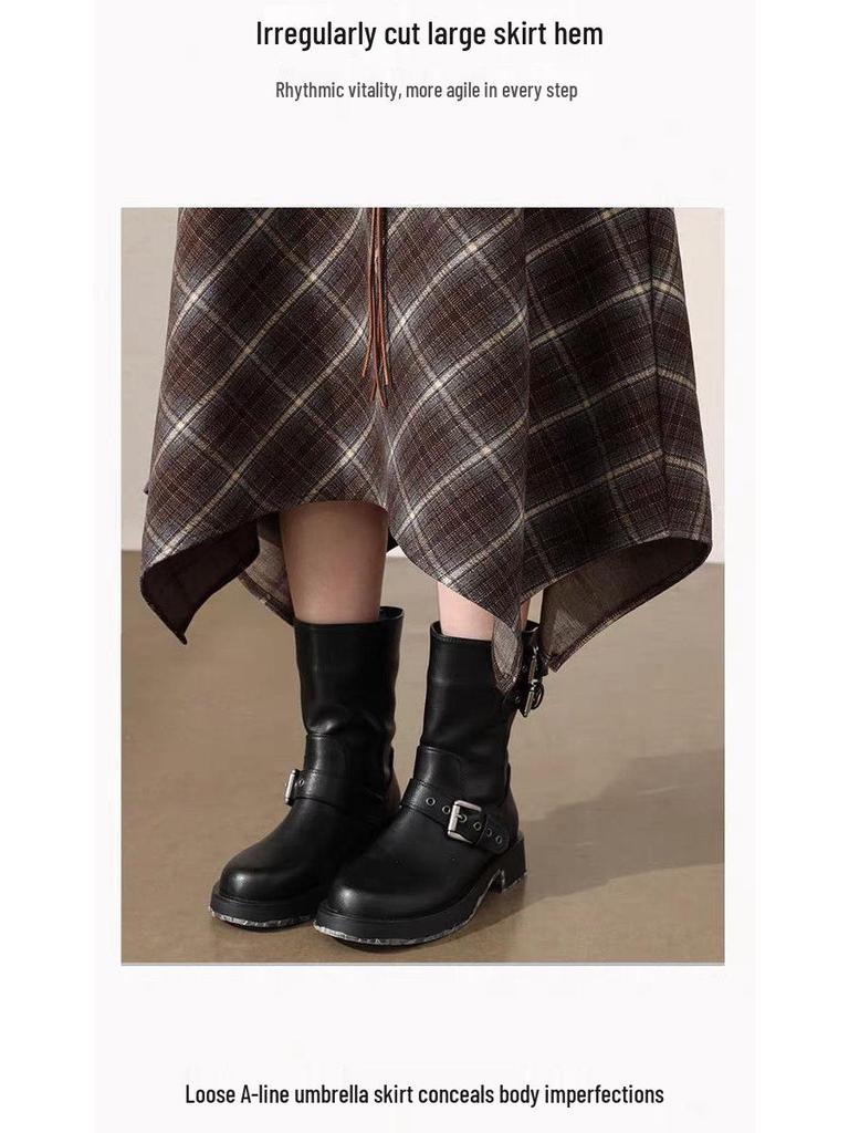 Women's Retro Irregular Plaid Woolen A-line Long Skirt - Autumn/Winter 2025 Collection