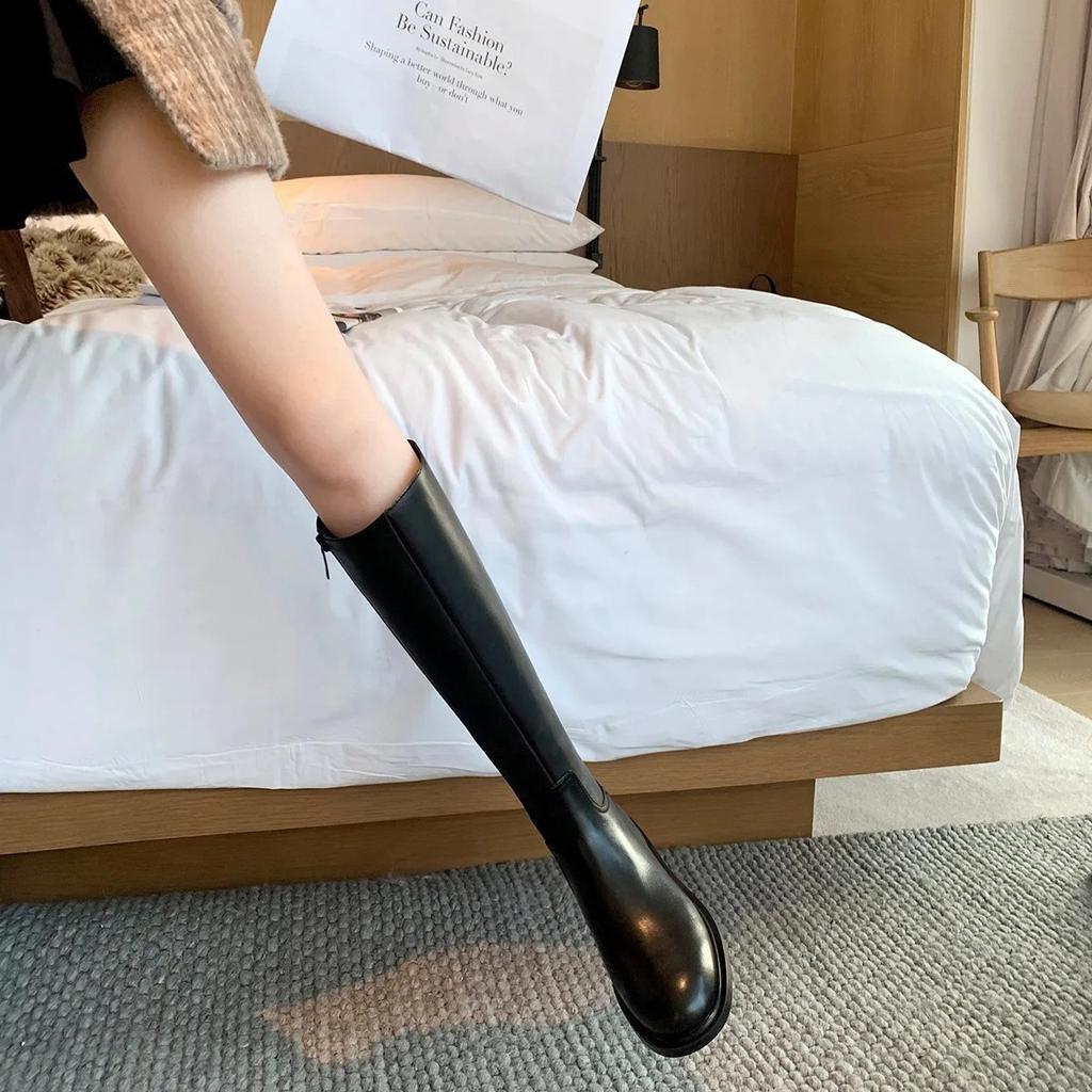 New Simple Round Head, Low Heel, Side Zipper Fashion, Tall Knight Boots for Women
