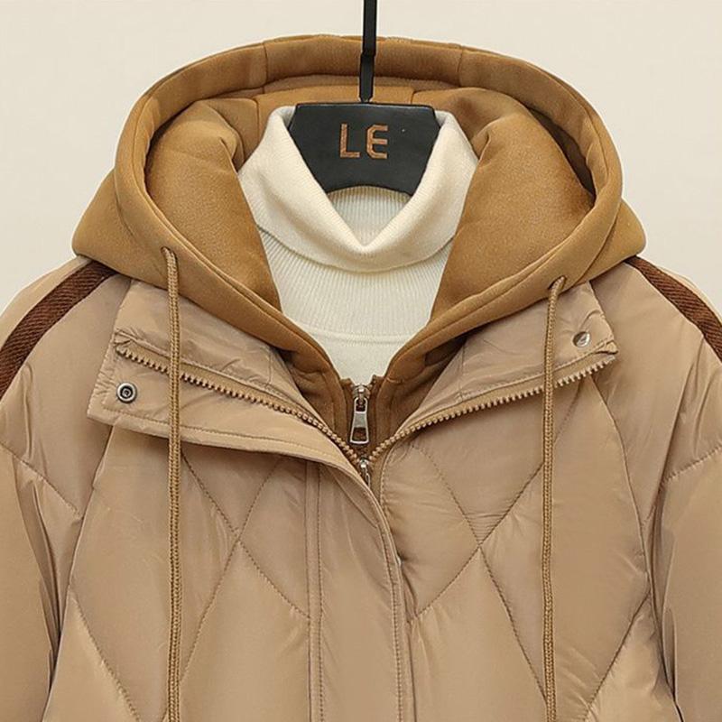 Coat for Women Winter Fleece Thickened Plush Faux Two-Piece Hooded Windbreaker Waterproof Casual Down Jacket