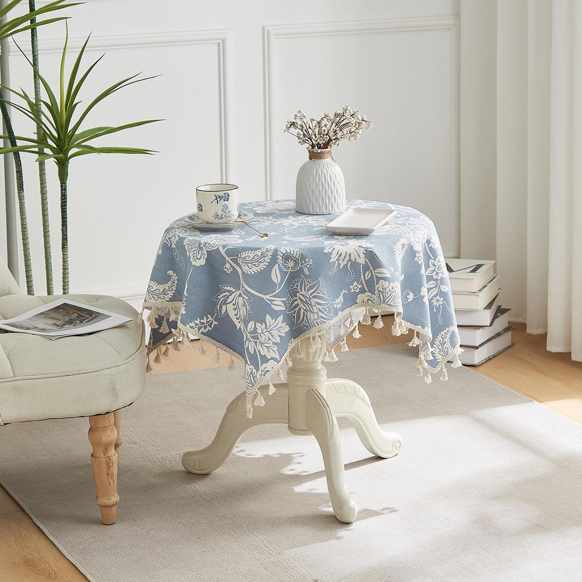 Хлопок и Лен Маленький Свежий Темно-Синий Маленький Цветок Круглая Скатерть Домашний Декор Гостиной Дома для Гостей Скатерть с Бахромой 60*60