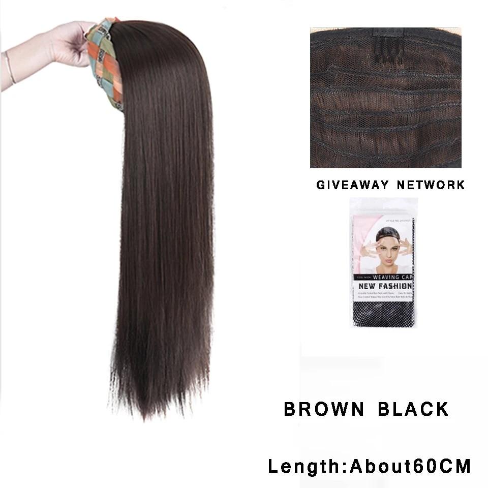 Synthetic Long Wavy Headband Wig Black Brown Women's With Twist Braid Hairband Accessories Natural Half Wig