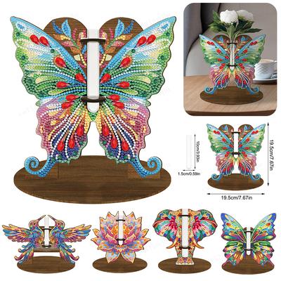 Vase à Fleurs Peinture Diamant Lotus en Bois Strass Ornements de Bureau Art Diamant 5D DIY Décorations de Table pour la Maison Bureau Décor
