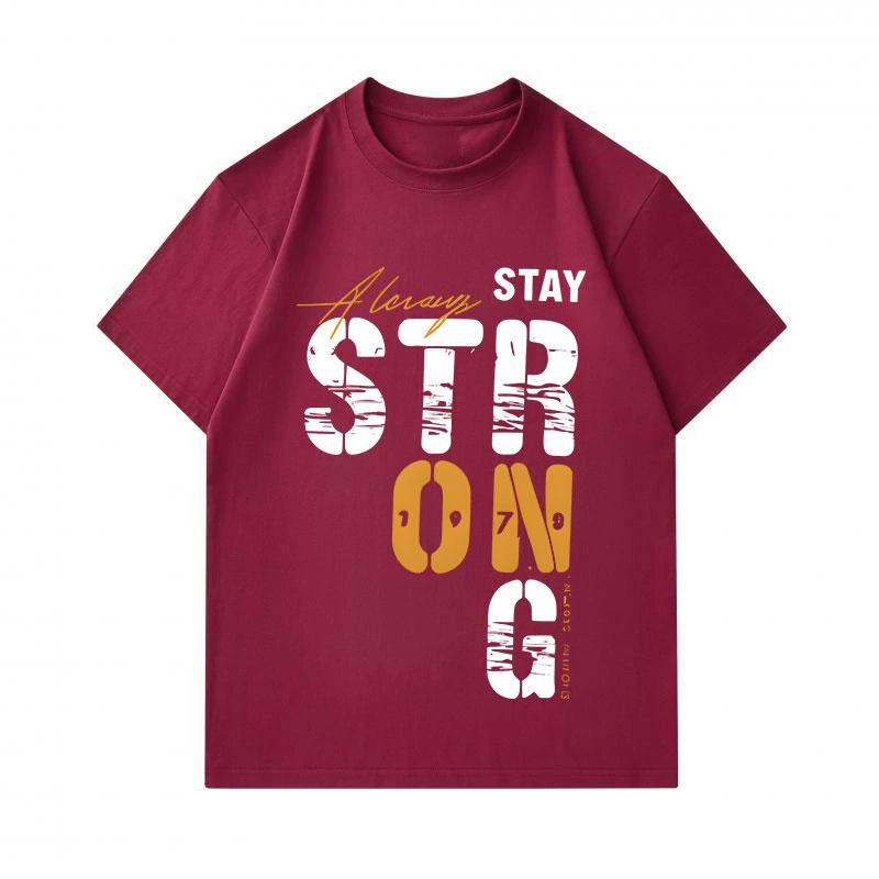 Men's 100% Cotton Crew Neck Short Sleeve T-Shirt, Always Stay Strong Letter Print Casual Comfortable Lightweight Tee for Daily Home Outdoor Wear, Loos