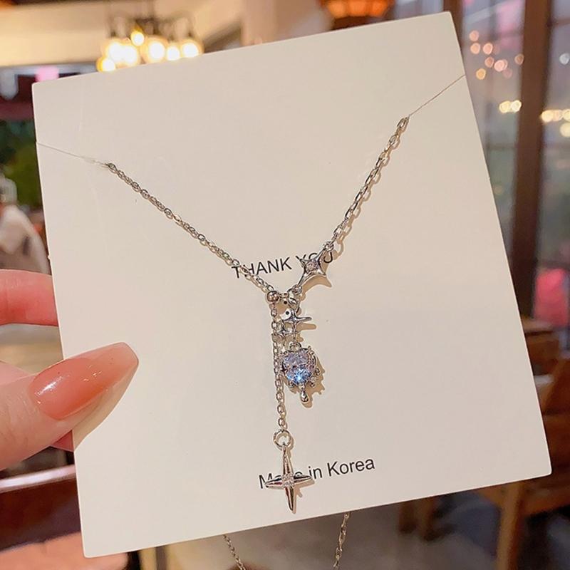 Korean Zircon Crystal Heart Clavicle Necklace Silver Color Y2k Star Pendant Necklaces for Women Aesthetic Jewelry Gift